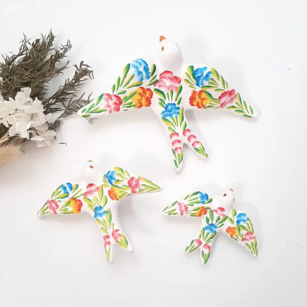 White Swallows with Hand Painted Flowers