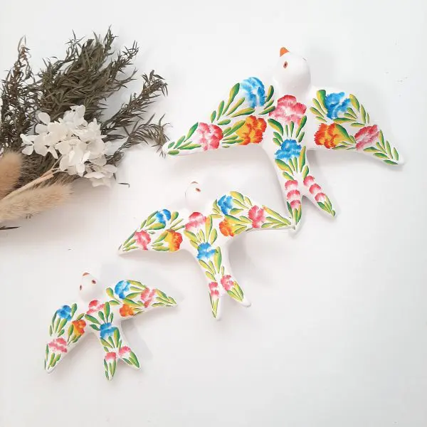 White Swallows with Hand Painted Flowers