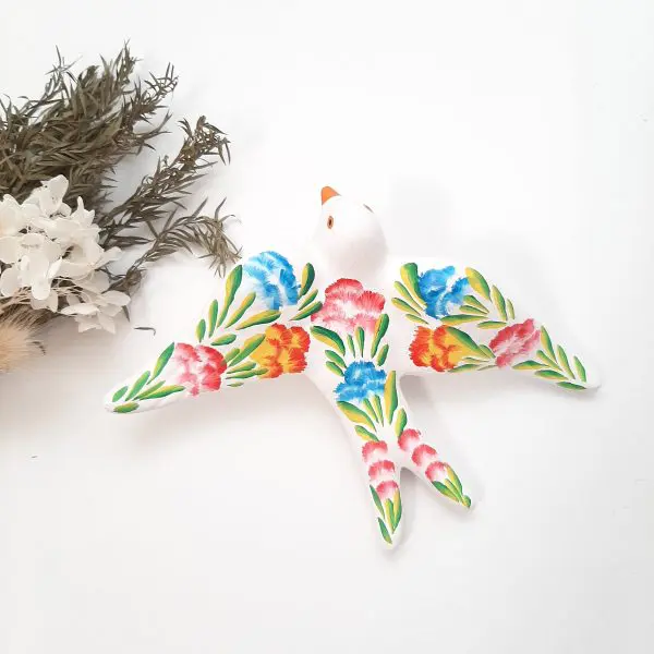 White Swallows with Hand Painted Flowers