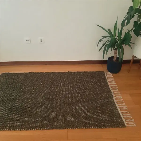 Large Green and Jute Rug - 100x150cm - Ring Line and Jute Rug