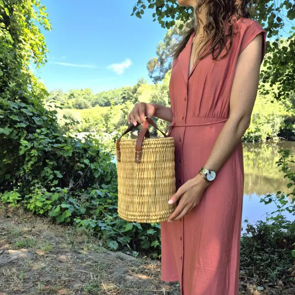 Round Reed Basket Bag with Leather Handle