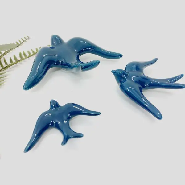 Glazed Petrol Blue Swallows Wall Hanging Decor