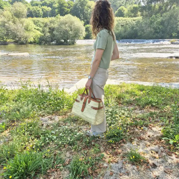Straw Hand Bag With Leather Handle