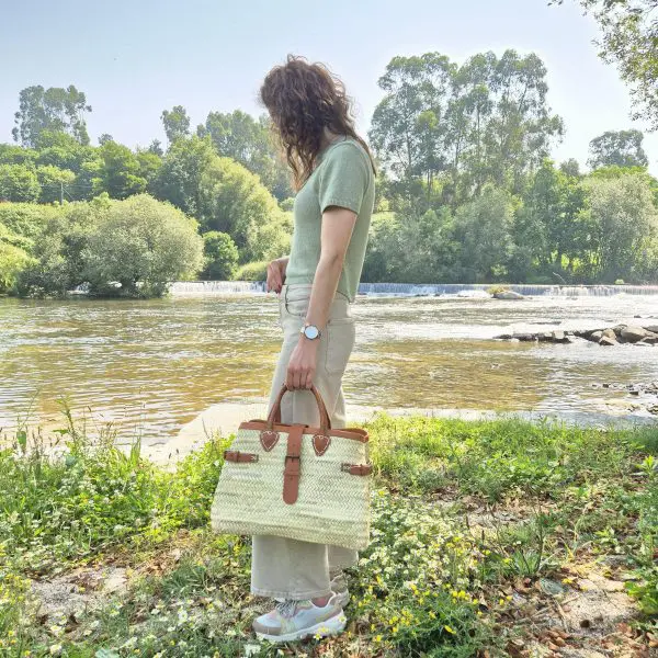 Straw Hand Bag With Leather Handle