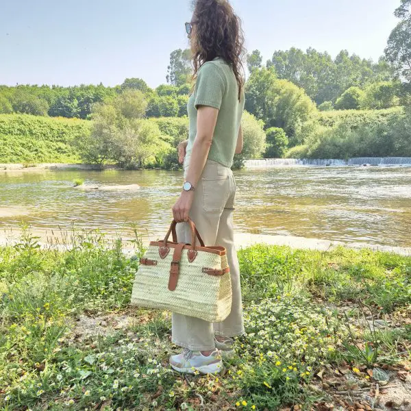 Straw Hand Bag With Leather Handle