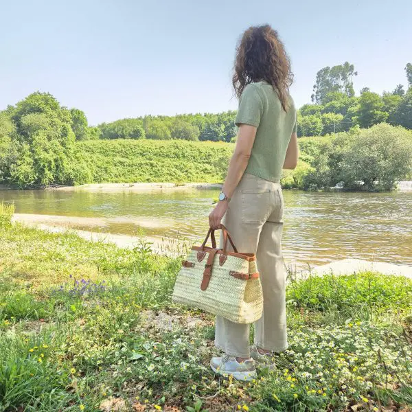 Straw Hand Bag With Leather Handle
