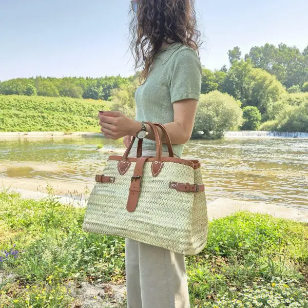 Straw Hand Bag With Leather Handle