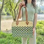 Reed Tote Bag With Leather Straps - Natural and Green Straw
