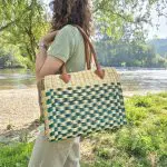 Reed Tote Bag With Leather Straps - Natural and Green Straw