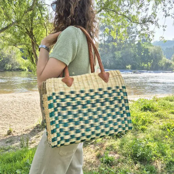 Reed Tote Bag With Leather Straps - Natural and Green Straw
