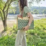 Reed Tote Bag With Leather Straps - Natural and Green Straw