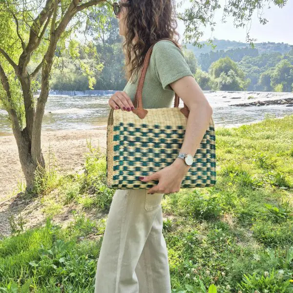 Reed Tote Bag With Leather Straps - Natural and Green Straw