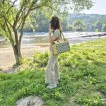 Reed Tote Bag With Leather Straps - Natural and Green Straw