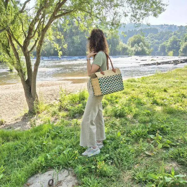 Reed Tote Bag With Leather Straps - Natural and Green Straw