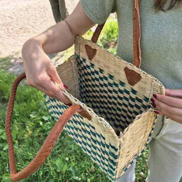 Reed Tote Bag With Leather Straps - Natural and Green Straw