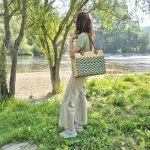Reed Tote Bag With Leather Straps - Natural and Green Straw