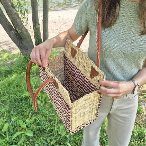 Reed Tote Bag With Leather Straps - Natural and Pink Straw