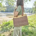 Reed Tote Bag With Leather Straps - Natural and Pink Straw