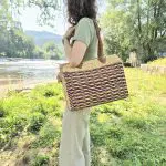 Reed Tote Bag With Leather Straps - Natural and Pink Straw