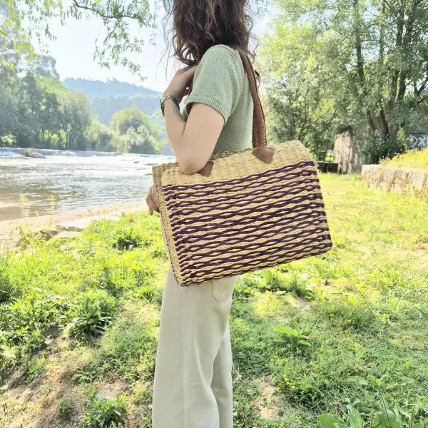 Reed Tote Bag With Leather Straps - Natural and Pink Straw