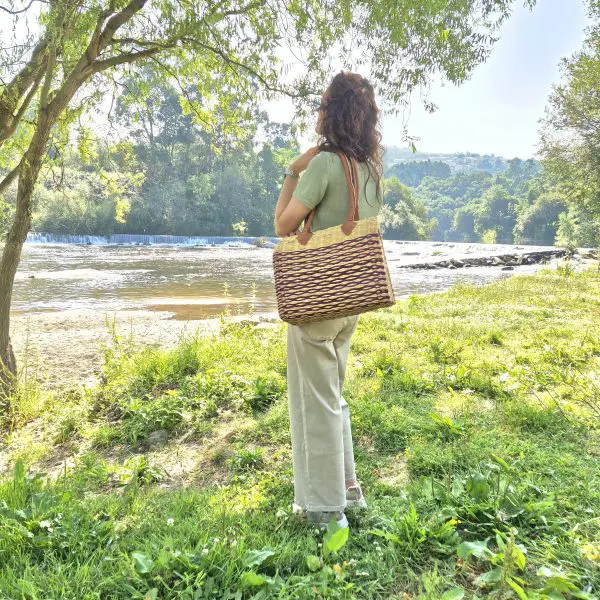 Reed Tote Bag With Leather Straps - Natural and Pink Straw