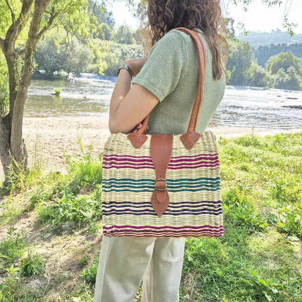 Reed Shoulder Bag With Leather Handle - Natural and Colorful Straw