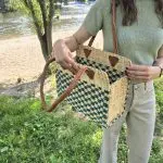 Reed Tote Bag With Leather Straps - Natural and Green Straw