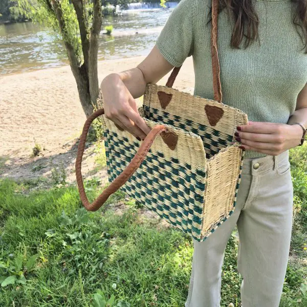 Reed Tote Bag With Leather Straps - Natural and Green Straw
