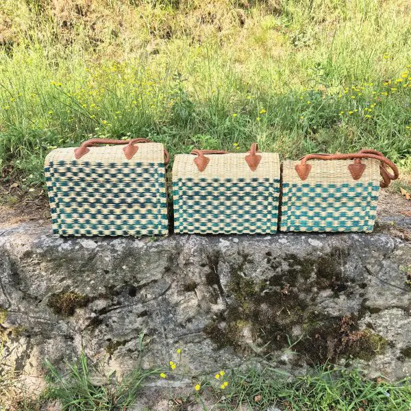 Reed Tote Bag With Leather Straps - Natural and Green Straw