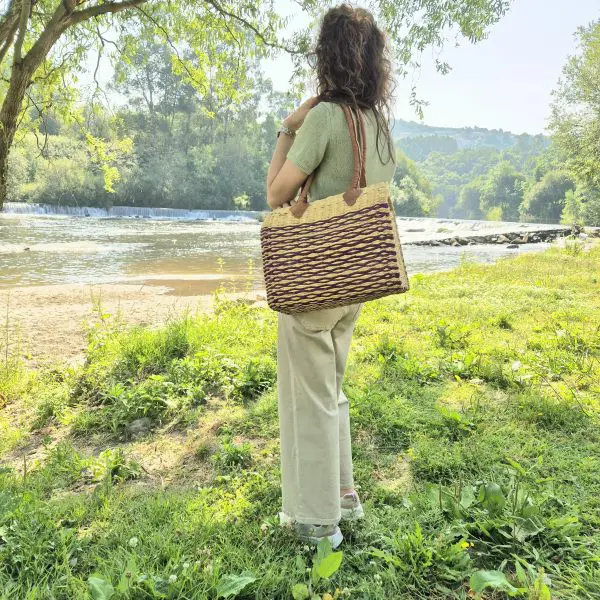 Reed Tote Bag With Leather Straps - Natural and Pink Straw