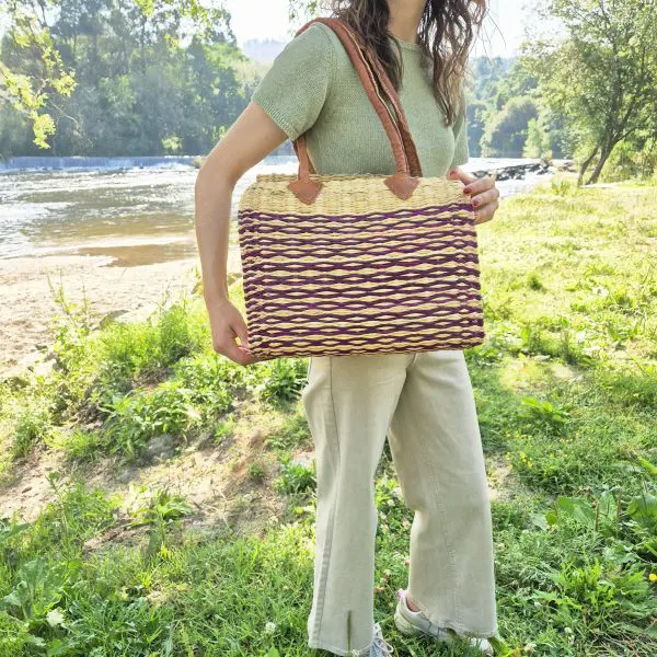 Reed Tote Bag With Leather Straps - Natural and Pink Straw