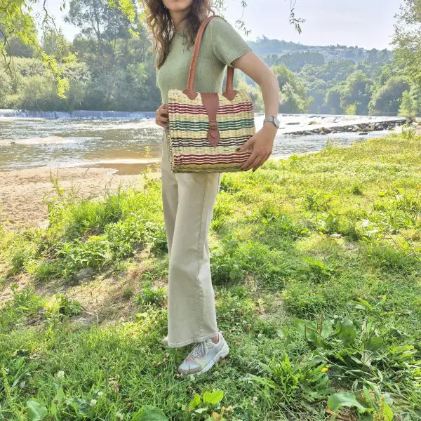 Reed Shoulder Bag With Leather Handle - Natural and Colorful Straw