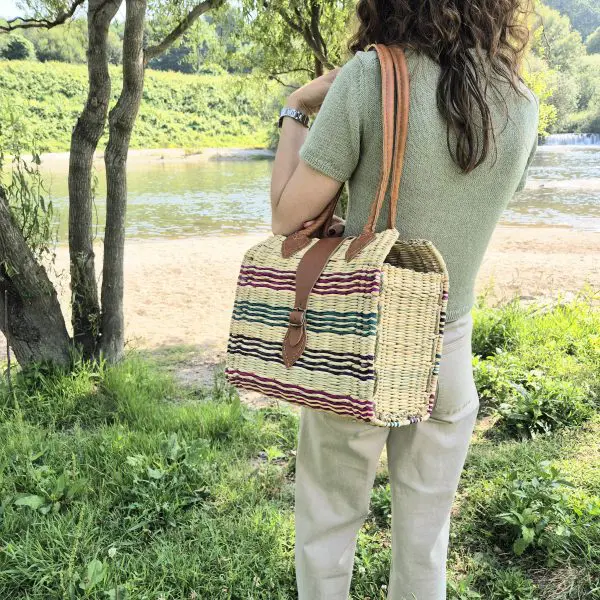 Reed Shoulder Bag With Leather Handle - Natural and Colorful Straw
