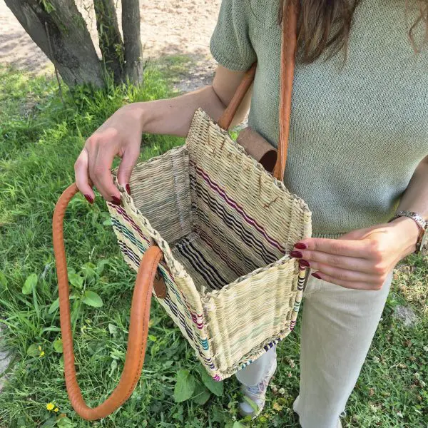 Reed Shoulder Bag With Leather Handle - Natural and Colorful Straw