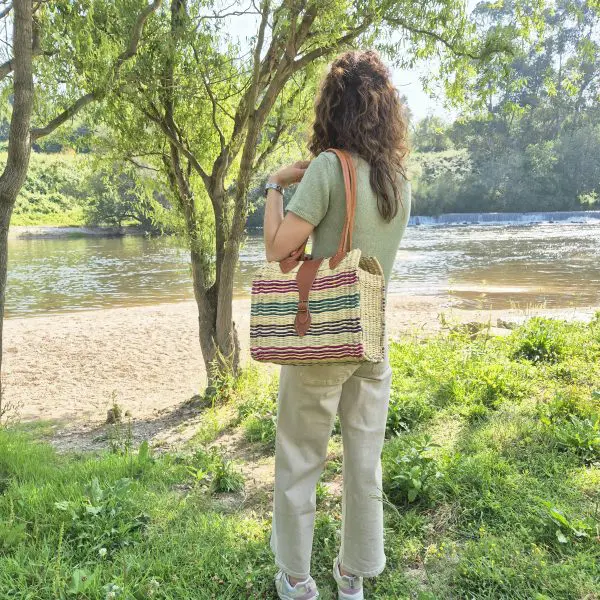 Reed Shoulder Bag With Leather Handle - Natural and Colorful Straw