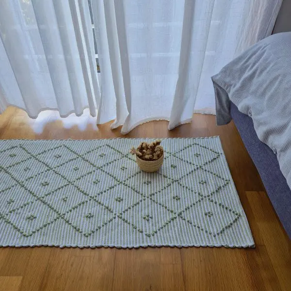 Small Sage Green and White Striped Rug - 50x100cm - Knotted Rug