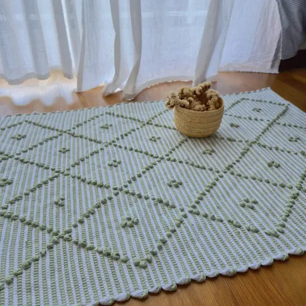 Small Sage Green and White Striped Rug - 50x100cm - Knotted Rug