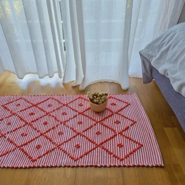 Small Coral and White Striped Rug - 50x100cm - Knotted Rug
