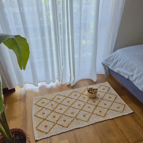 Small Mustard Yellow and White Striped Rug - 50x100cm - Knotted Rug