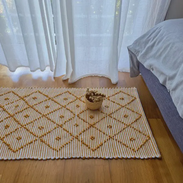 Small Mustard Yellow and White Striped Rug - 50x100cm - Knotted Rug