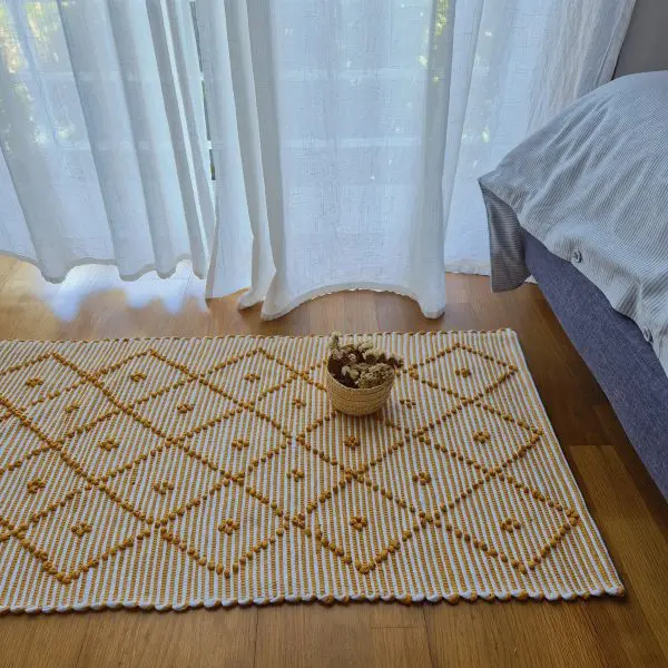 Small Mustard Yellow and White Striped Rug - 50x100cm - Knotted Rug