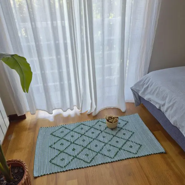 Small Green and White Striped Rug - 50x100cm - Knotted Rug