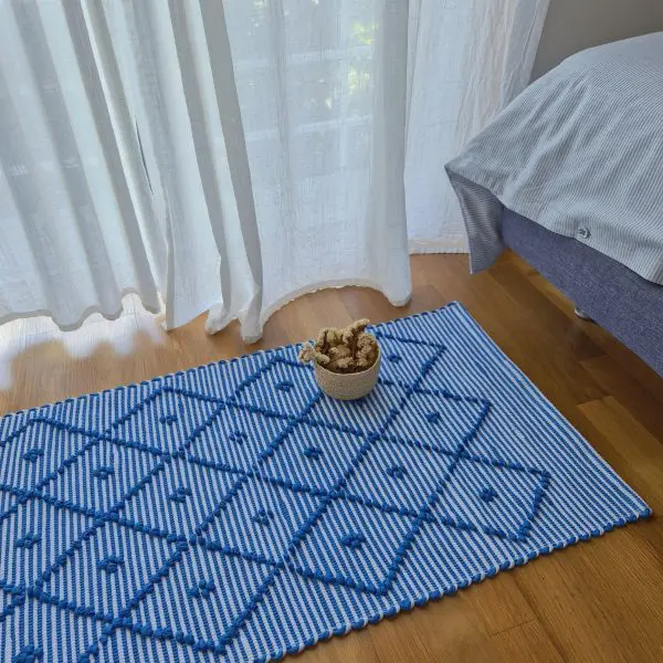 Small Blue and White Striped Rug - 50x100cm - Knotted Rug