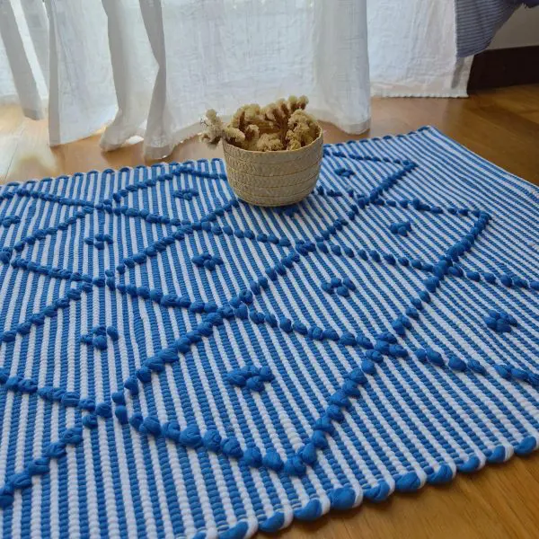 Small Blue and White Striped Rug - 50x100cm - Knotted Rug