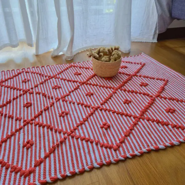 Small Coral and White Striped Rug - 50x100cm - Knotted Rug