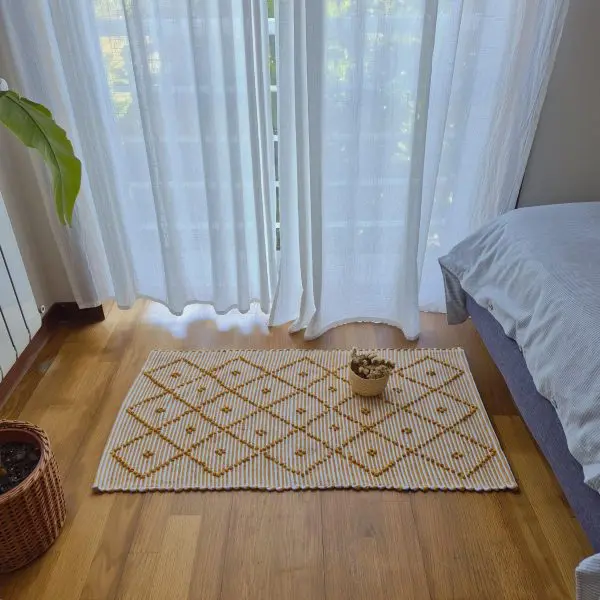 Small Mustard Yellow and White Striped Rug - 50x100cm - Knotted Rug