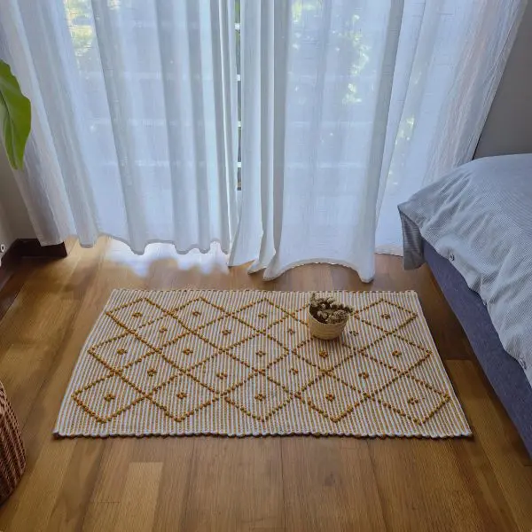 Small Mustard Yellow and White Striped Rug - 50x100cm - Knotted Rug