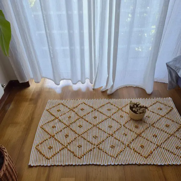 Small Mustard Yellow and White Striped Rug - 50x100cm - Knotted Rug