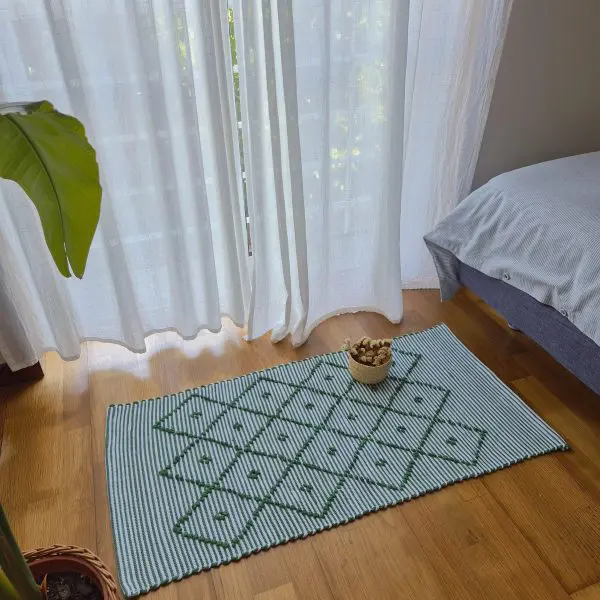 Small Green and White Striped Rug - 50x100cm - Knotted Rug