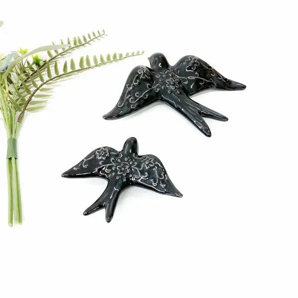Black Birds With Flower Relief